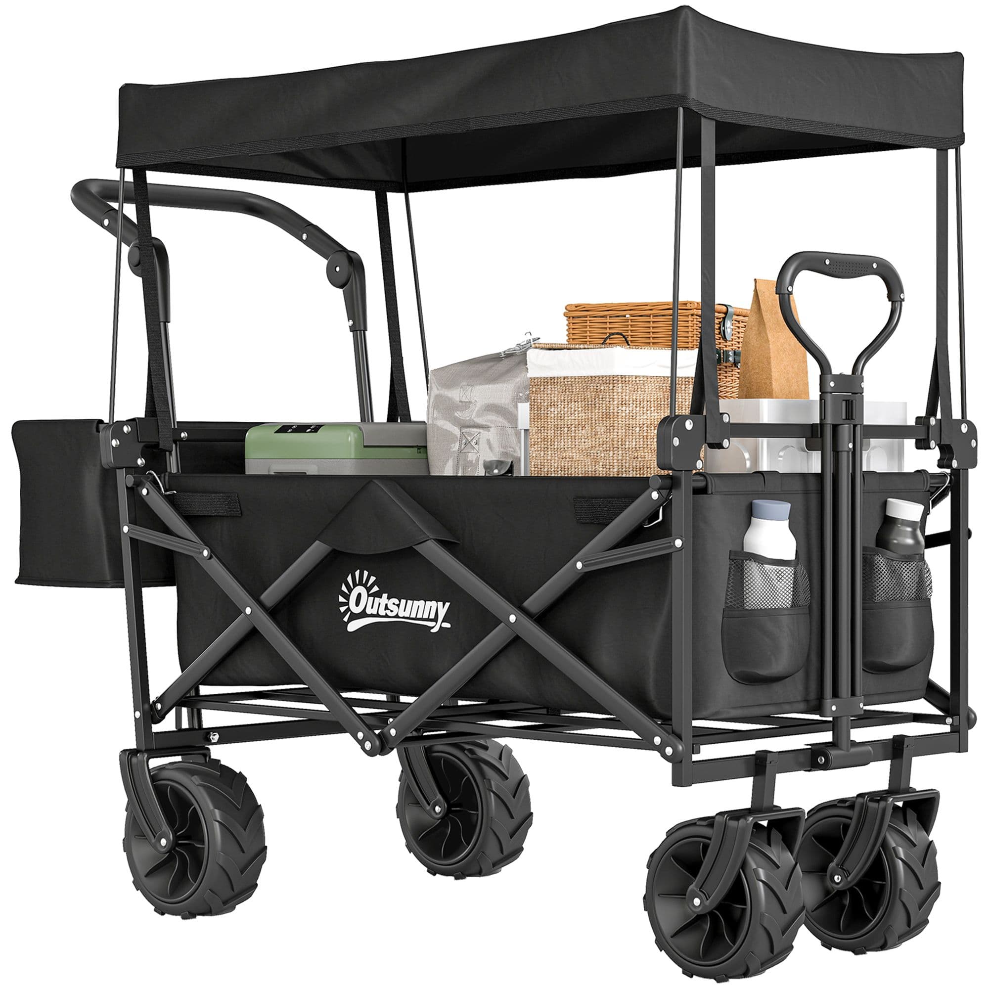 OUTSUNNY Outdoor Push Pull Wagon Stroller Cart w/ Canopy Top in Black