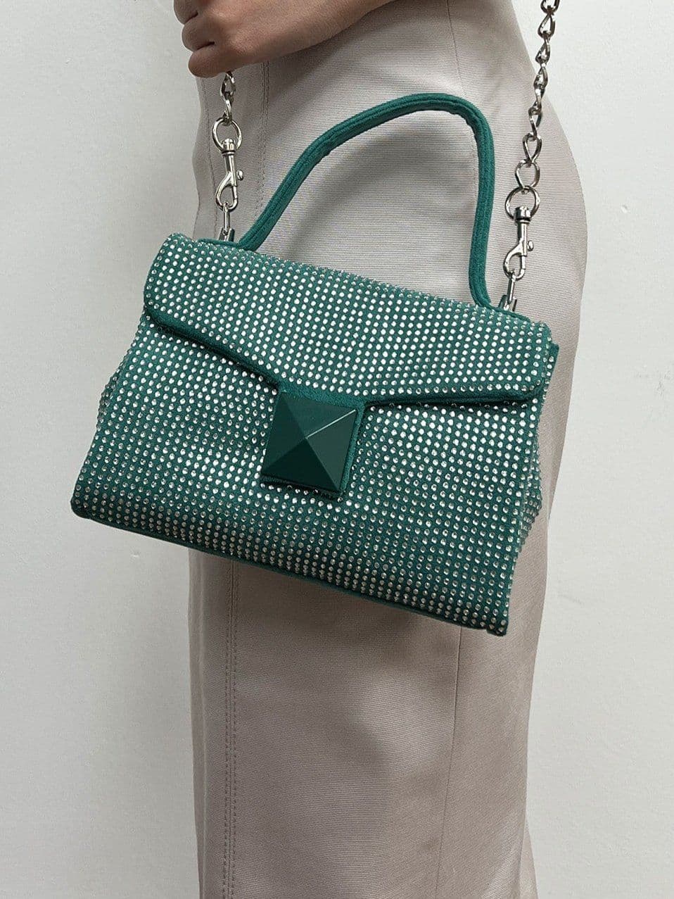 SVNX Women's Green Suede Rhinestone Grab Bag
