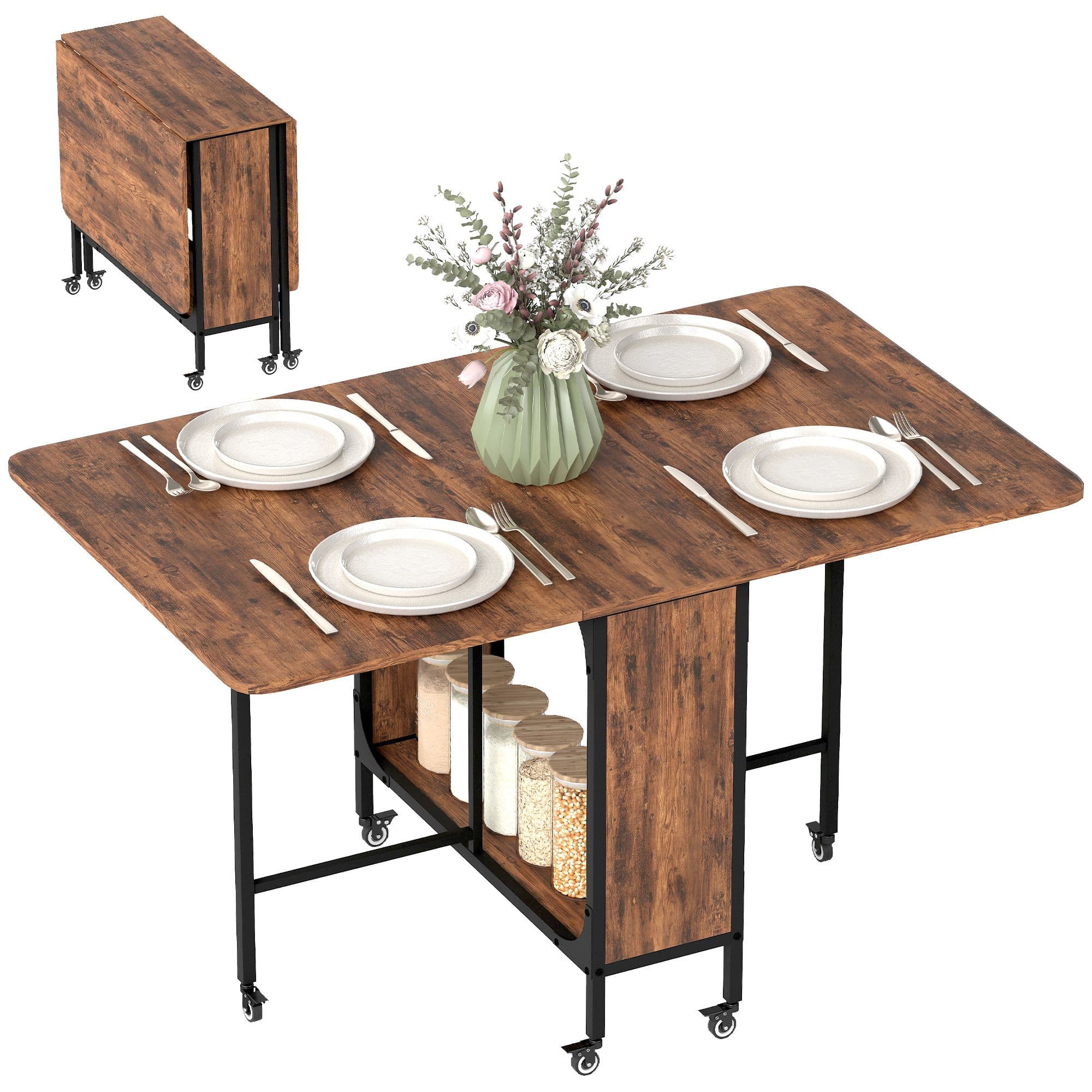 HOMCOM Mobile Drop Leaf Dining Table on Wheels with Storage Shelf in Dark Brown