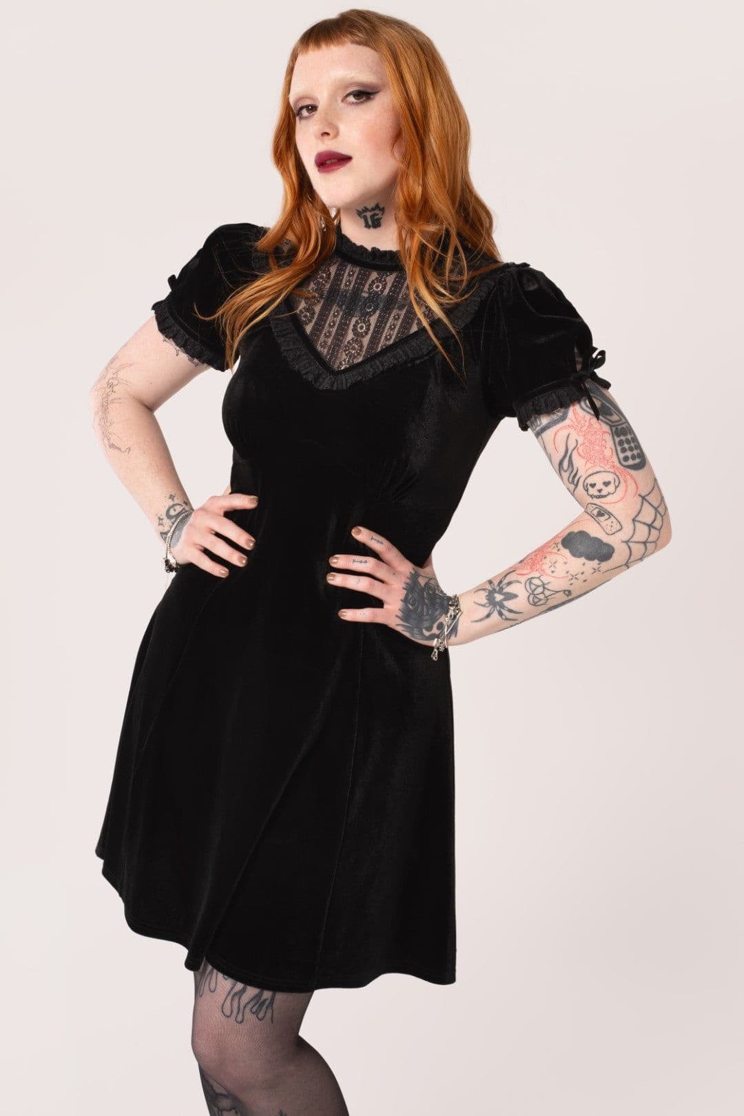 Hell Bunny Women's Mourning Velvet V Neckline Midi Dress in Black | Size: 2XL