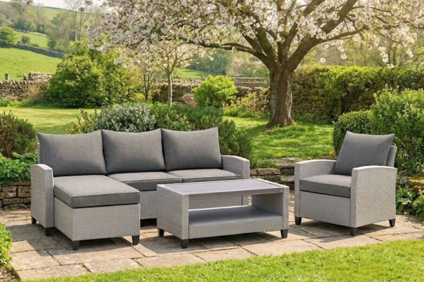Mint Outdoor Stockholm Outdoor Chaise Lounge Set with Armchair- Rattan Garden Removable Cushions in Grey
