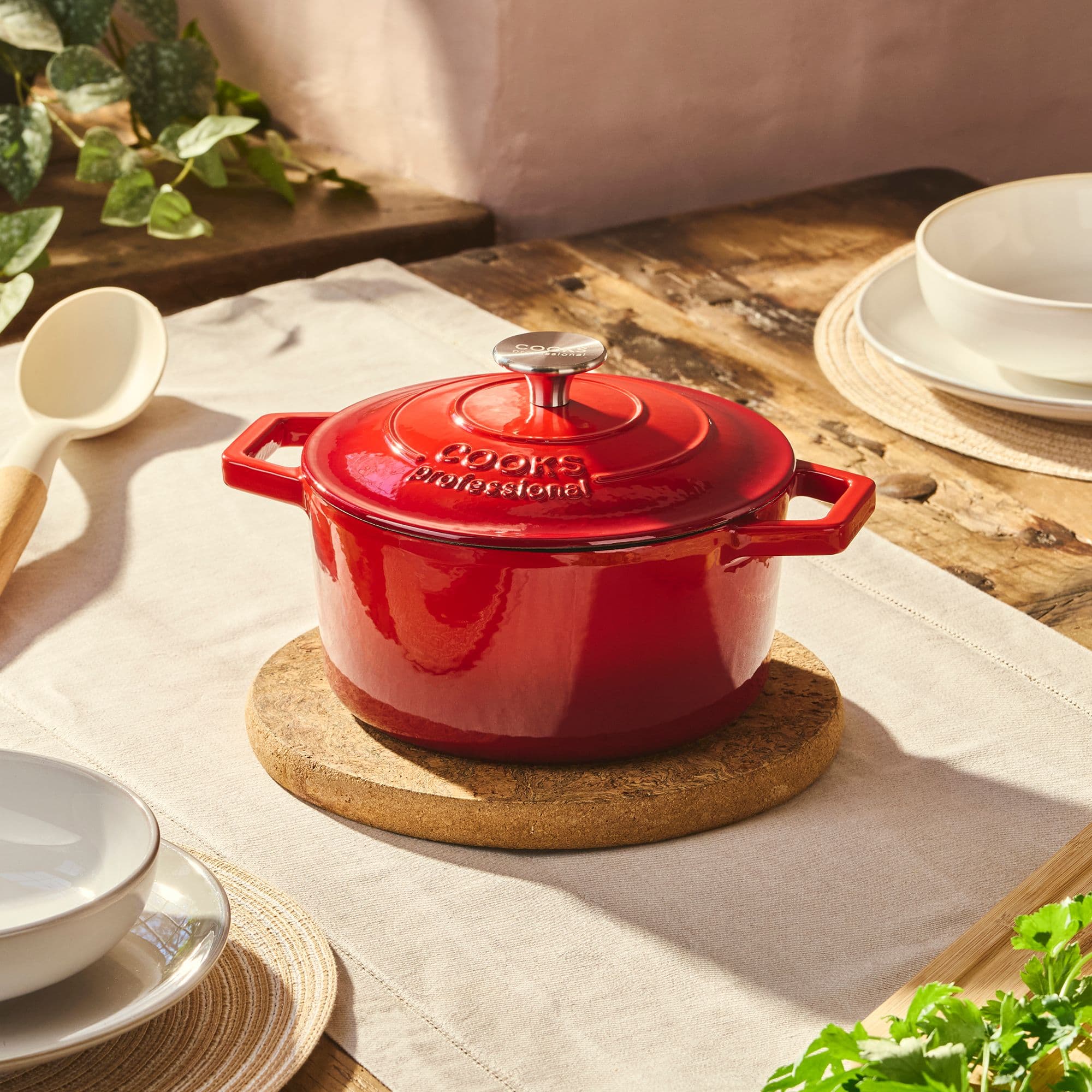 Cooks Professional Cast Iron Casserole Dish 20cm Oven Proof Enamelled Pan with Lid in Red