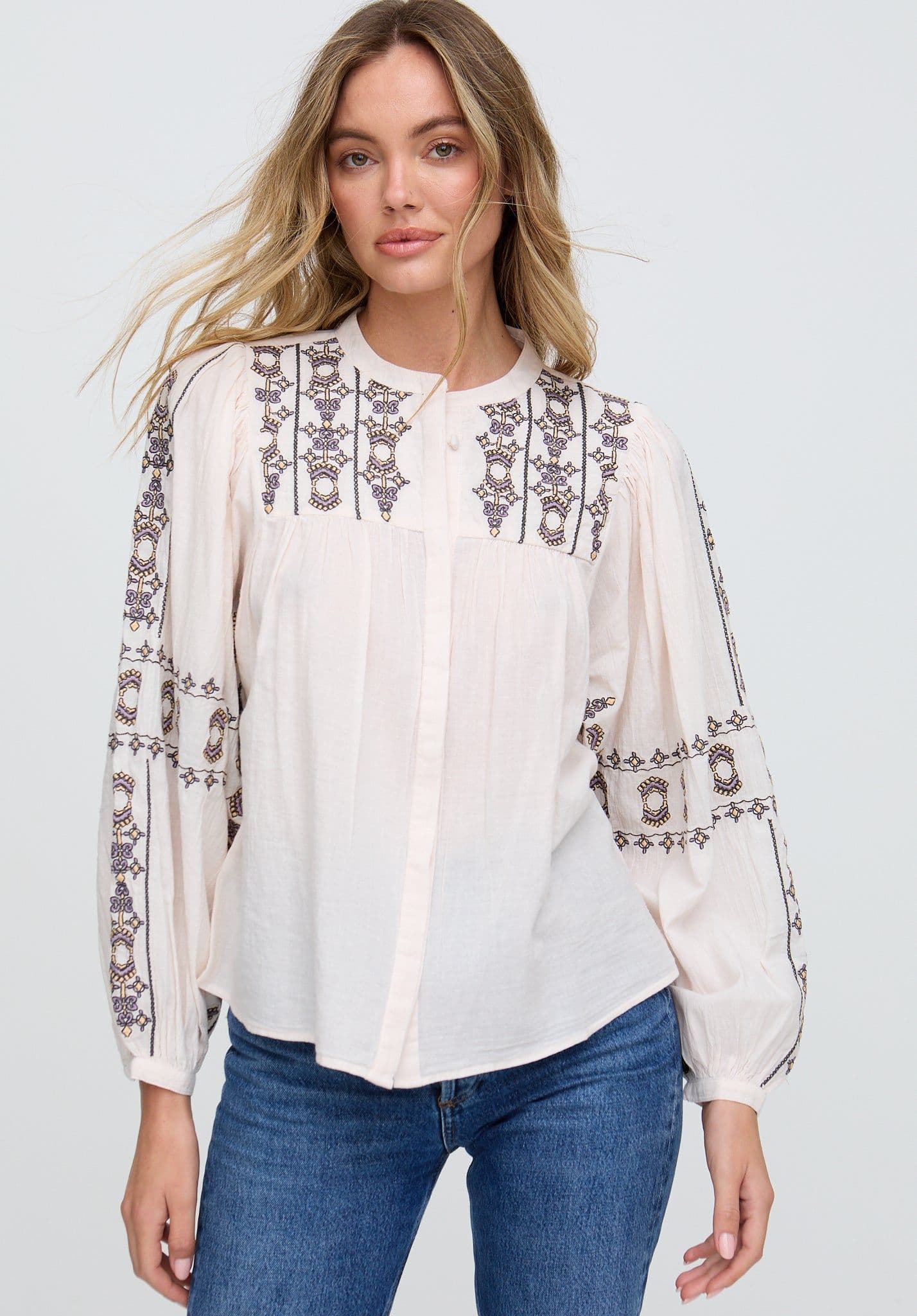 Raffya Women's Demi Embroidered Ballon Sleeve Shirt In Cream in Grey | Size: 12
