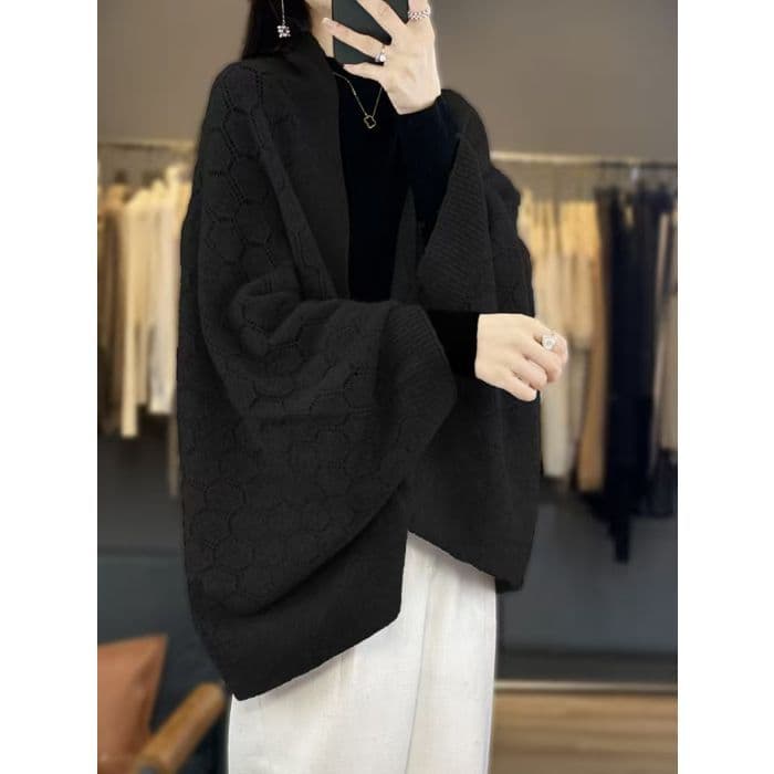 PEACH ACCESSORIES Women's Delicate Open Knit Cape with Button Detail in Black