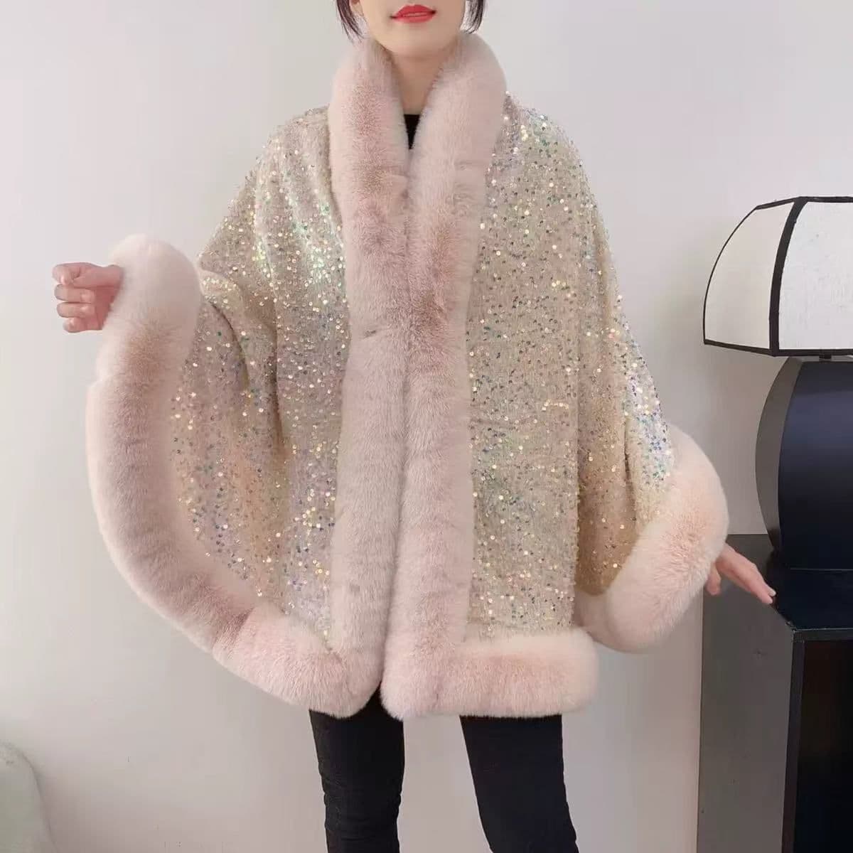 PEACH ACCESSORIES Women's Elegant Sequin Cape Wrap with Plush Faux Fur in Beige