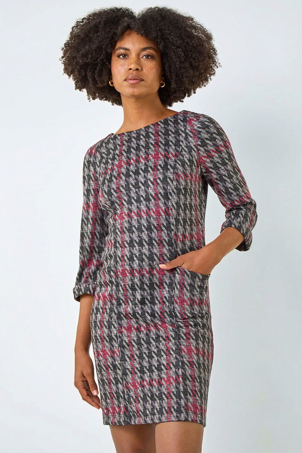 Roman Women's Houndstooth Pocket Shift Stretch Dress in Red | Size: 12