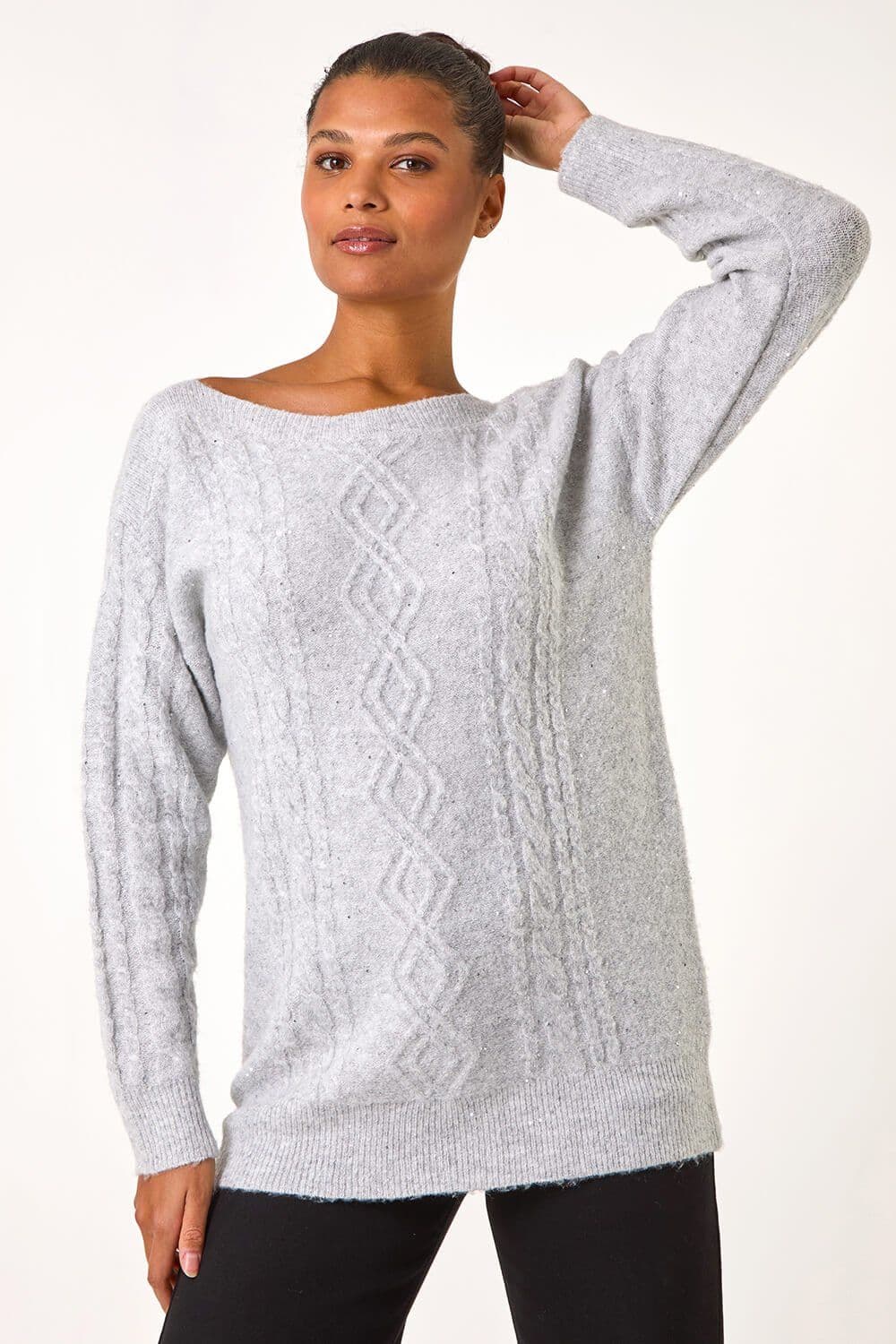 Roman Women's Sequin Cable Knit Jumper in Grey | Size: 16