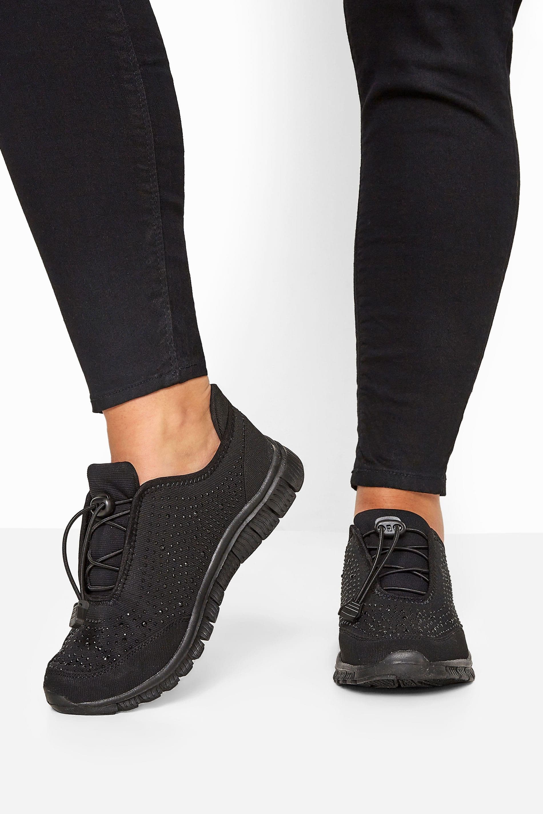 Yours Women's Wide & Extra Wide Fit Embellished Drawcord Trainers in Black | Size: 9E