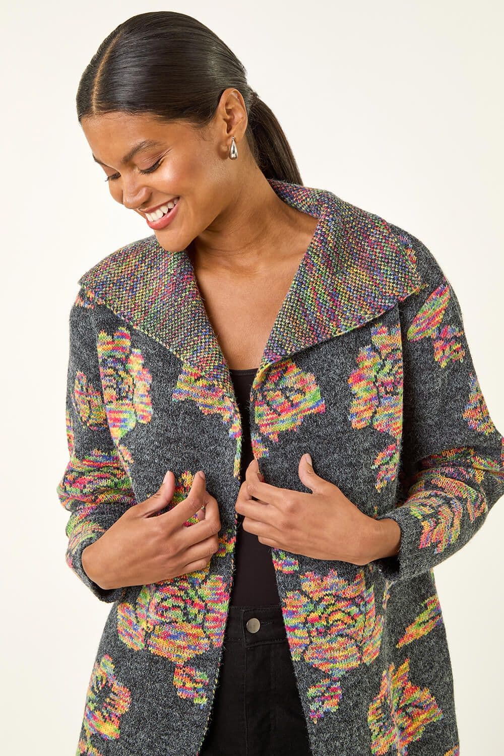 Roman Women's Floral Jacquard Knit Cardigan in Dark Grey | Size: 16