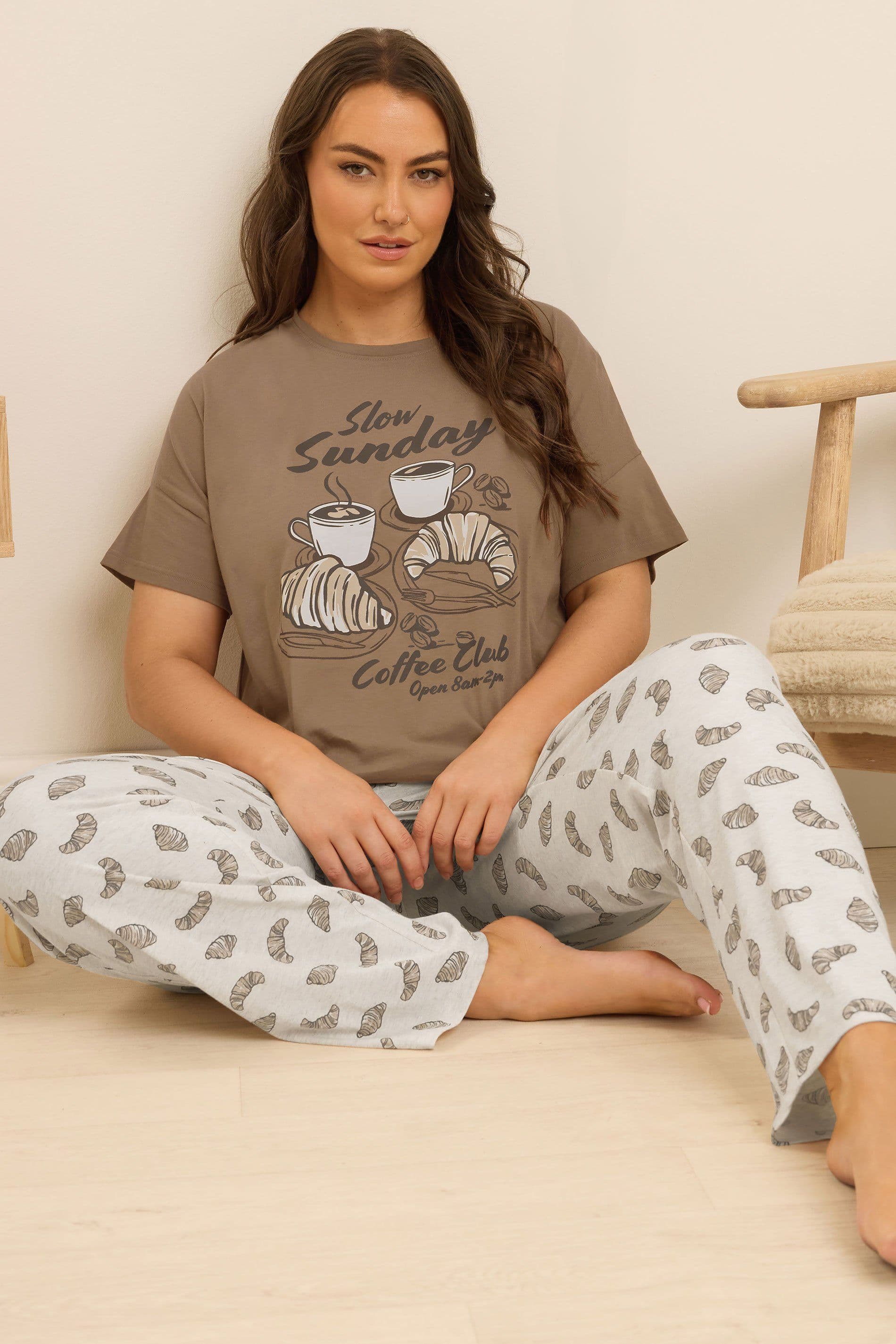 Yours Women's 'Coffee Club' Wide Leg Pyjama Set in Brown | Size: 26-28