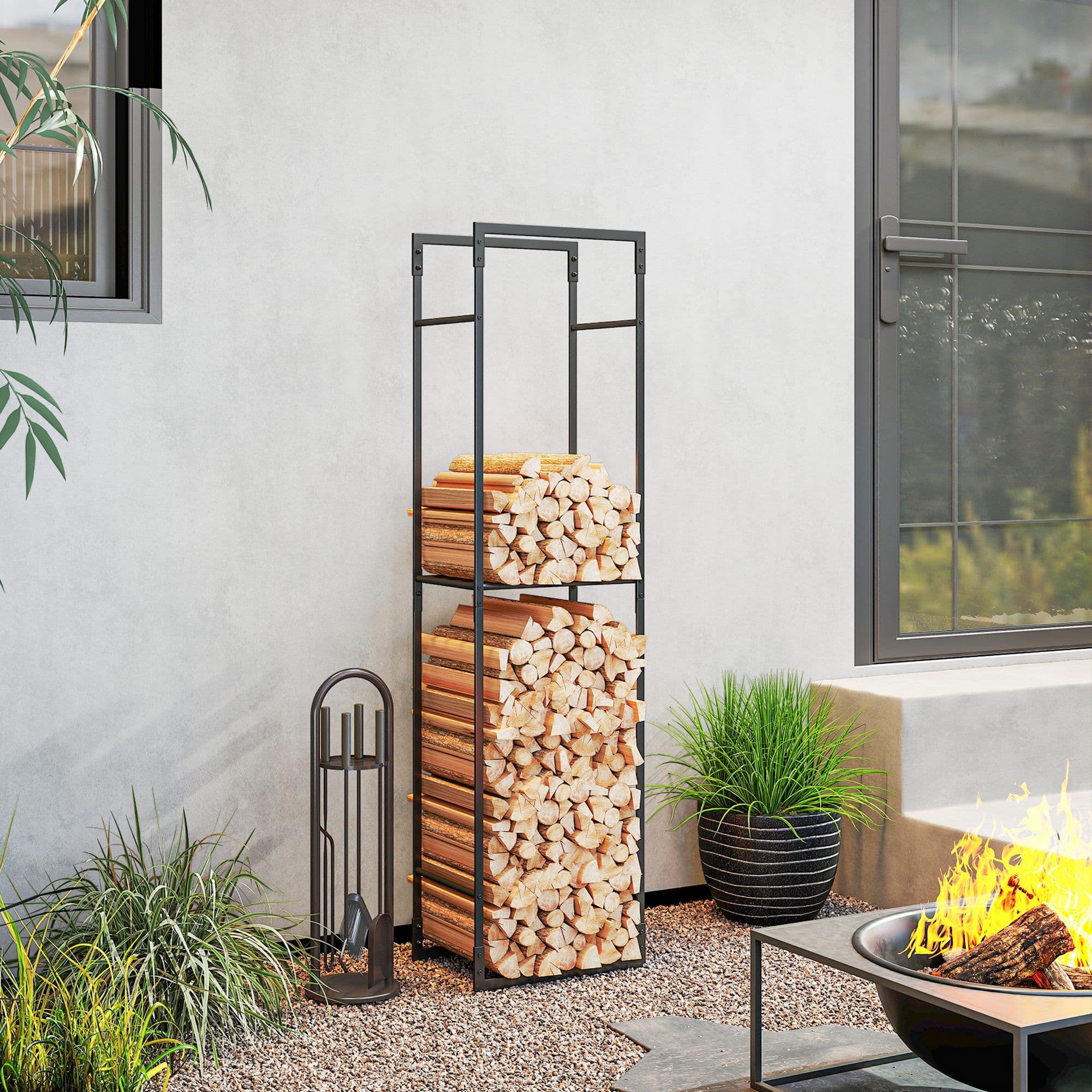 OUTSUNNY Metal Firewood Log Holder, Firewood Rack with Adjustable Shelf in Black