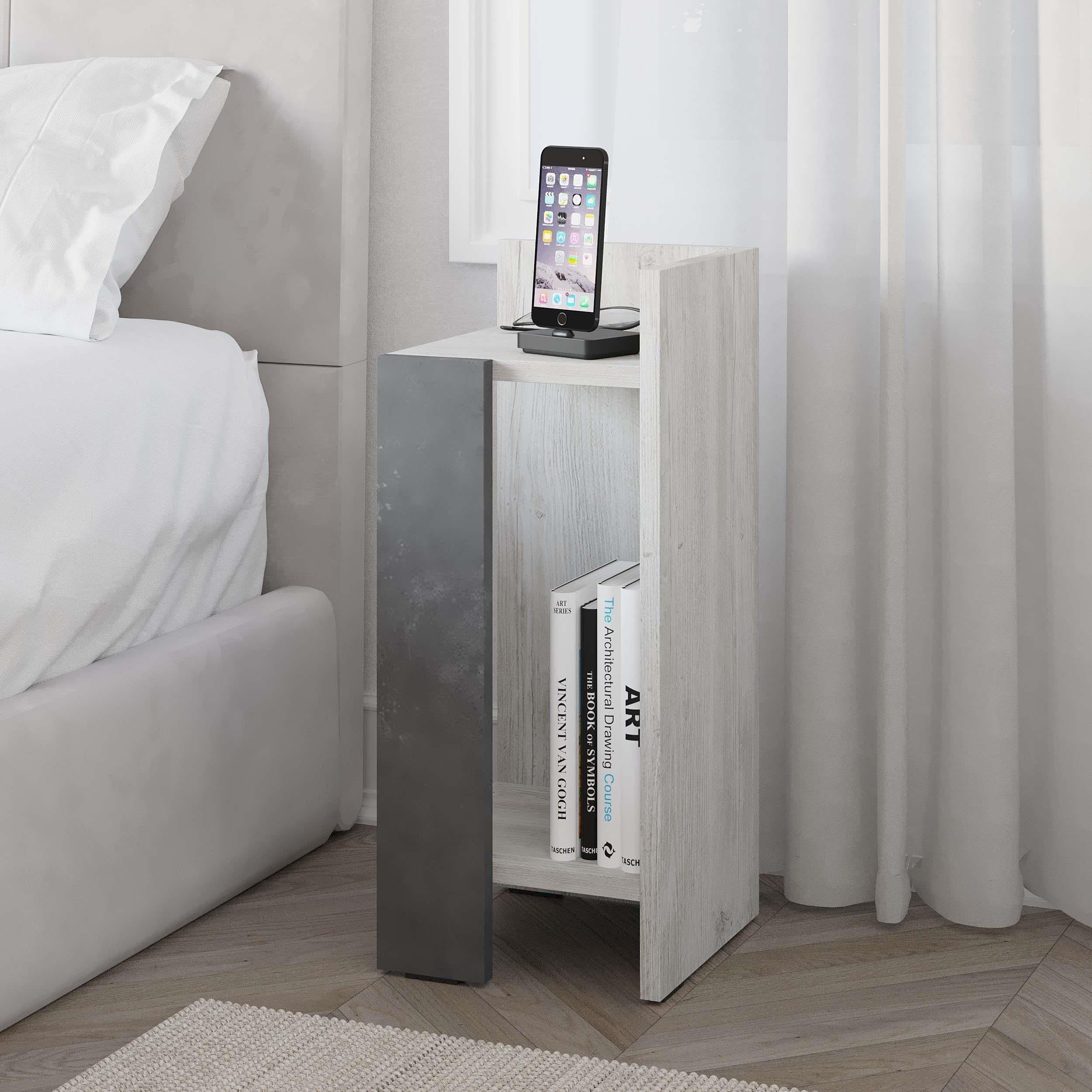 Decortie Elos 25cm Right-Side Bedside Cabinet with Drop-Down Door, Dark Oak in Off-White | Size: 1 Pack