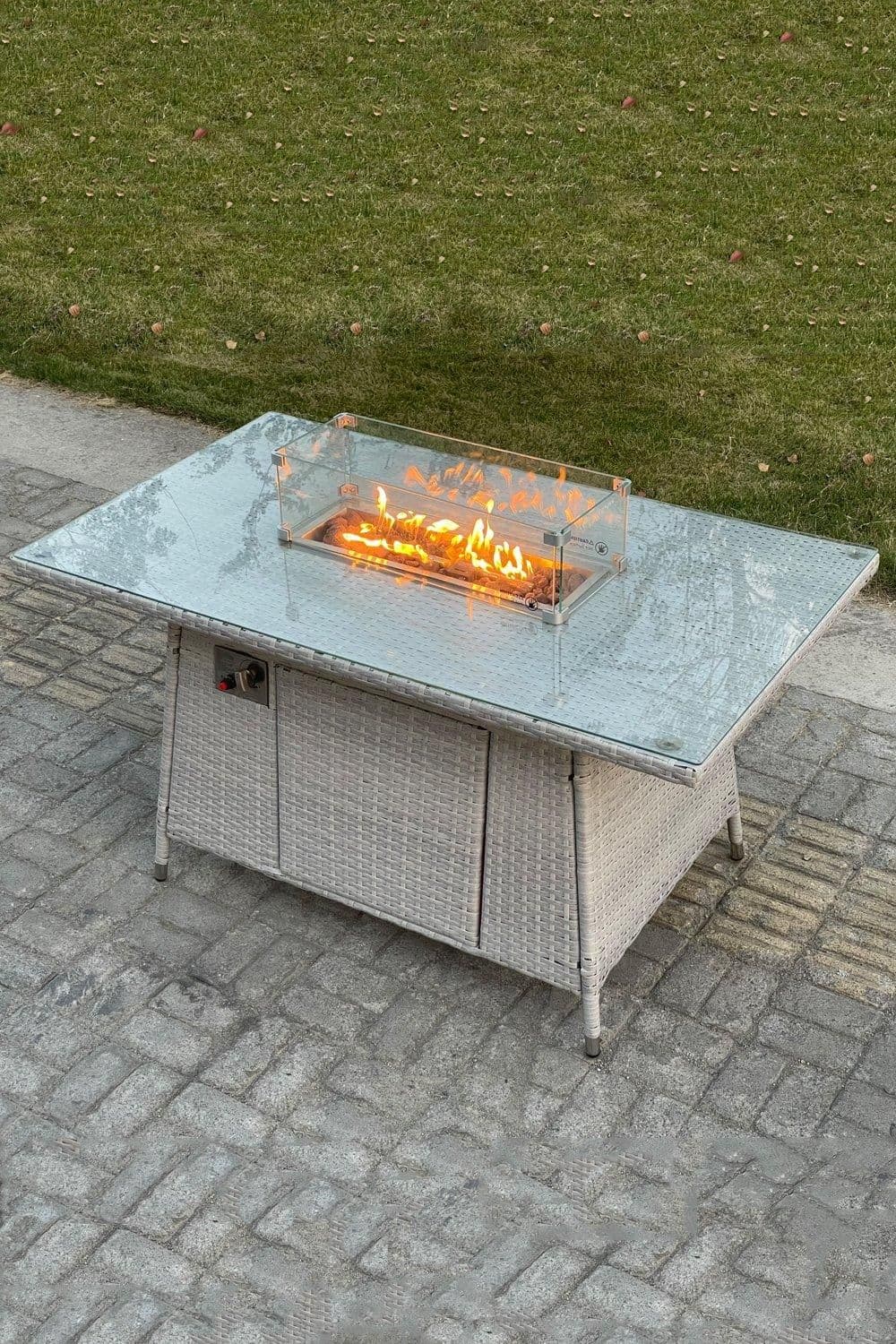 Fimous PE Rattan Gas Fire Pit Dining Rectangular Oblong Table Gas Heater Burner in Light Grey