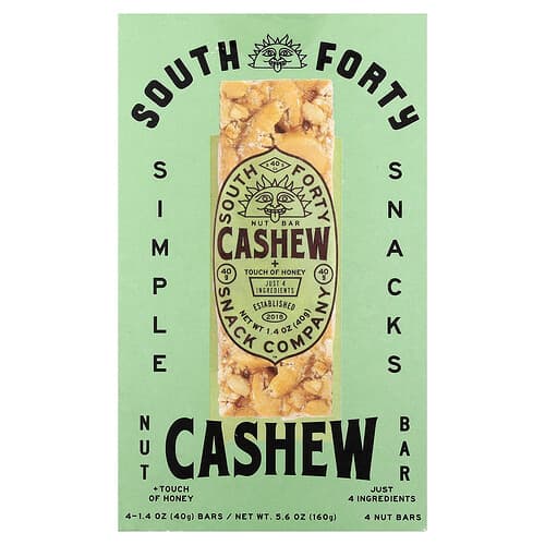 South Forty Snack Company, Nut Bar, Cashew + Touch of Honey, 4 Bars, 1.4 oz (40 g) Each