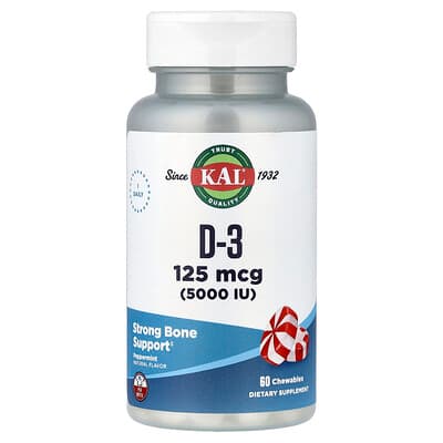 KAL, D-3, Peppermint, 125 mcg (5,000 IU), 60 Chewables