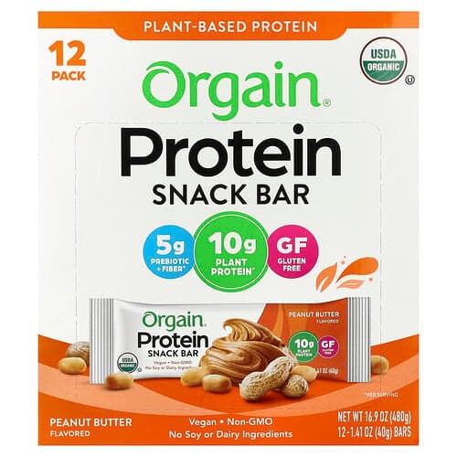 Orgain, Plant-Based Protein Snack Bar, Peanut Butter, 12 Bars, 1.41 oz (40 g) Each