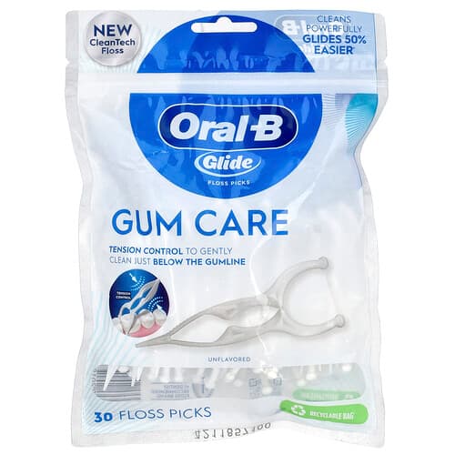 Oral-B, Glide, Gum Care, Floss Picks, Unflavored , 30 Floss Picks