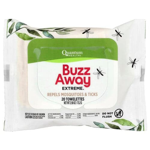 Quantum Health, Buzz Away Extreme®, Repels Mosquitoes & Ticks, 20 Towelettes, 2.58 oz (73.2 g)