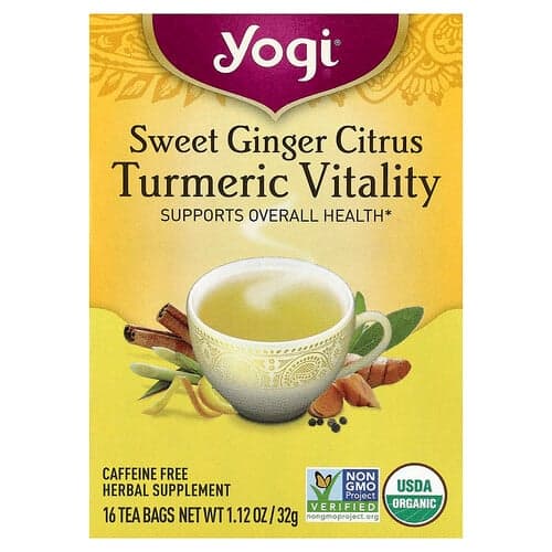 Yogi Tea, Turmeric Vitality, Sweet Ginger Citrus, Caffeine Free, 16 Tea Bags, 1.12 oz (32 g)