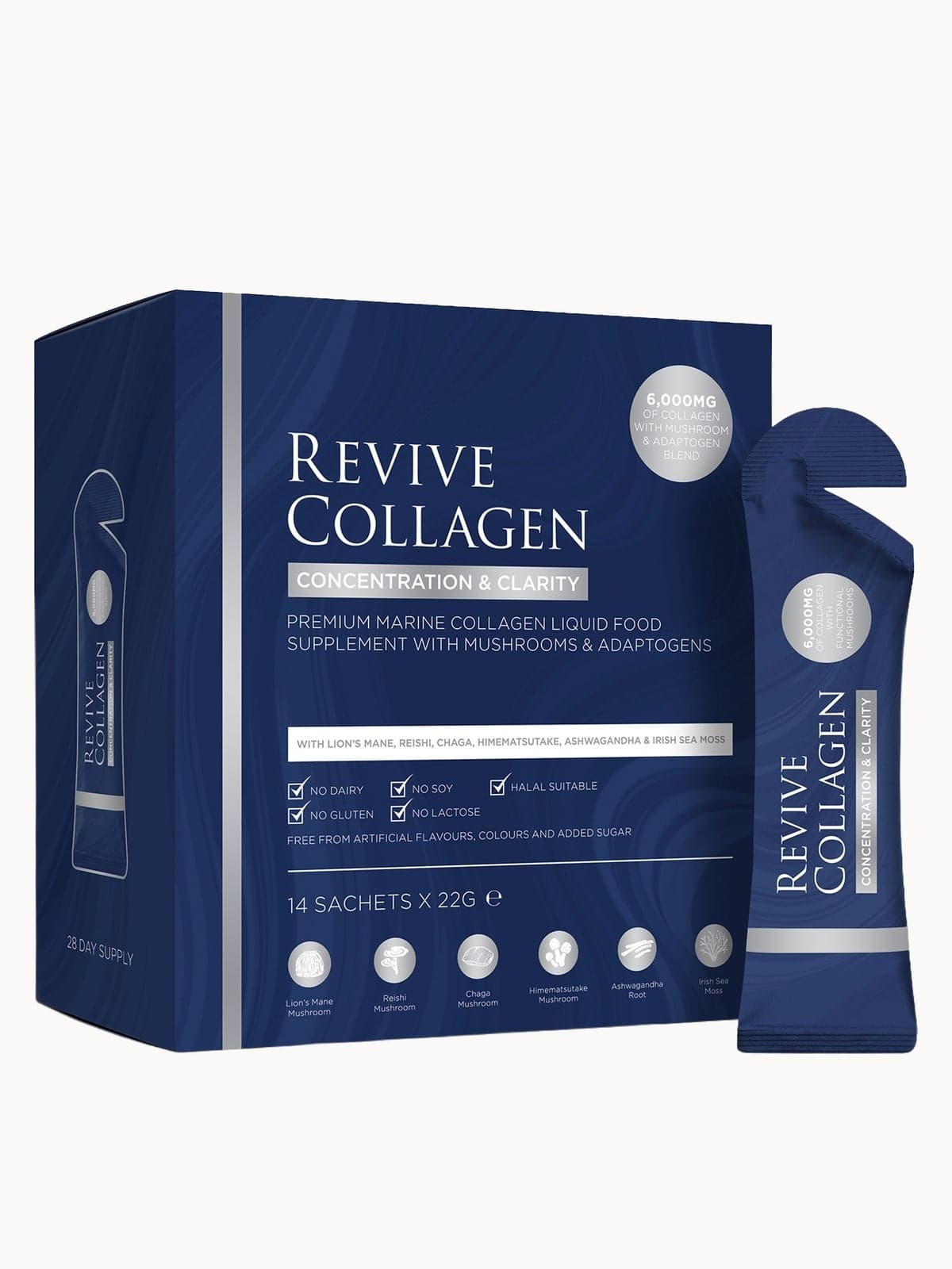 Revive Collagen Concentration & Clarity Functional Mushroom and Adaptogen Blend with 6000mg Marine Collagen 28 x 22g