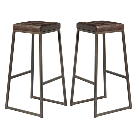 steeple raw metal frame brown faux leather bar stools in pair