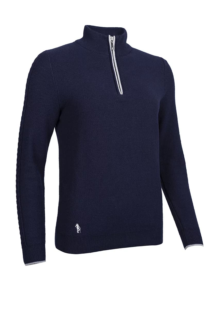 Ladies Quarter Zip Cable Sleeve Touch of Cashmere Midweight Golf Sweater Sale Navy/Silver M