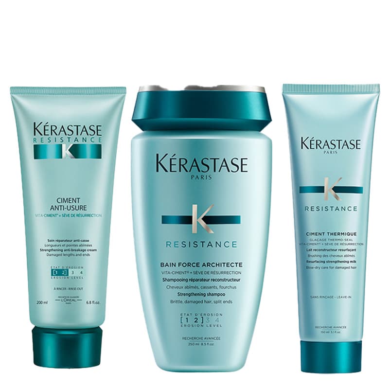 Kerastase Resistance Bain Force Architecte 250ml, AntiWear Cement 200ml & Thermal Cement 150ml Pack