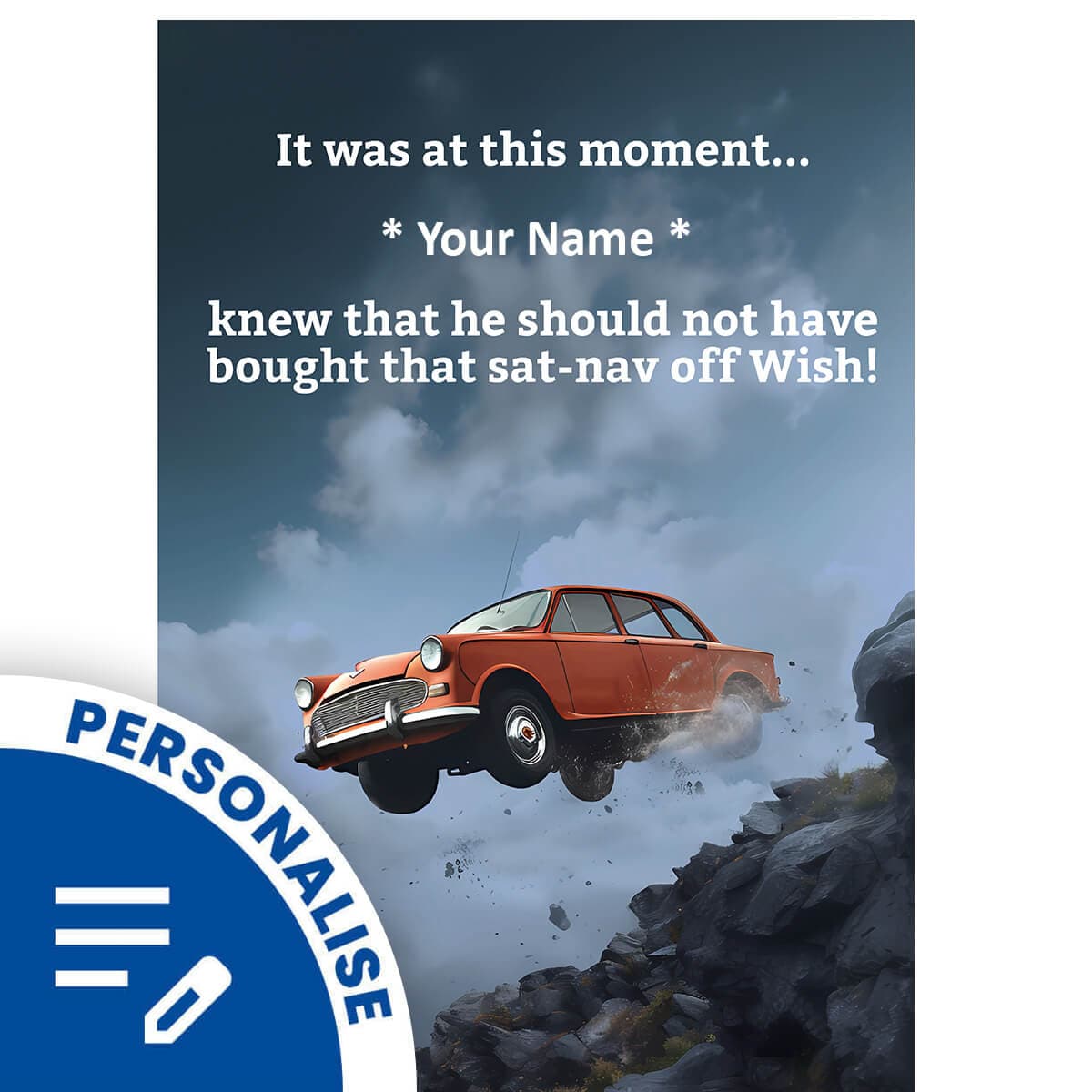 Car off Cliff Greetings Card (Personalised)