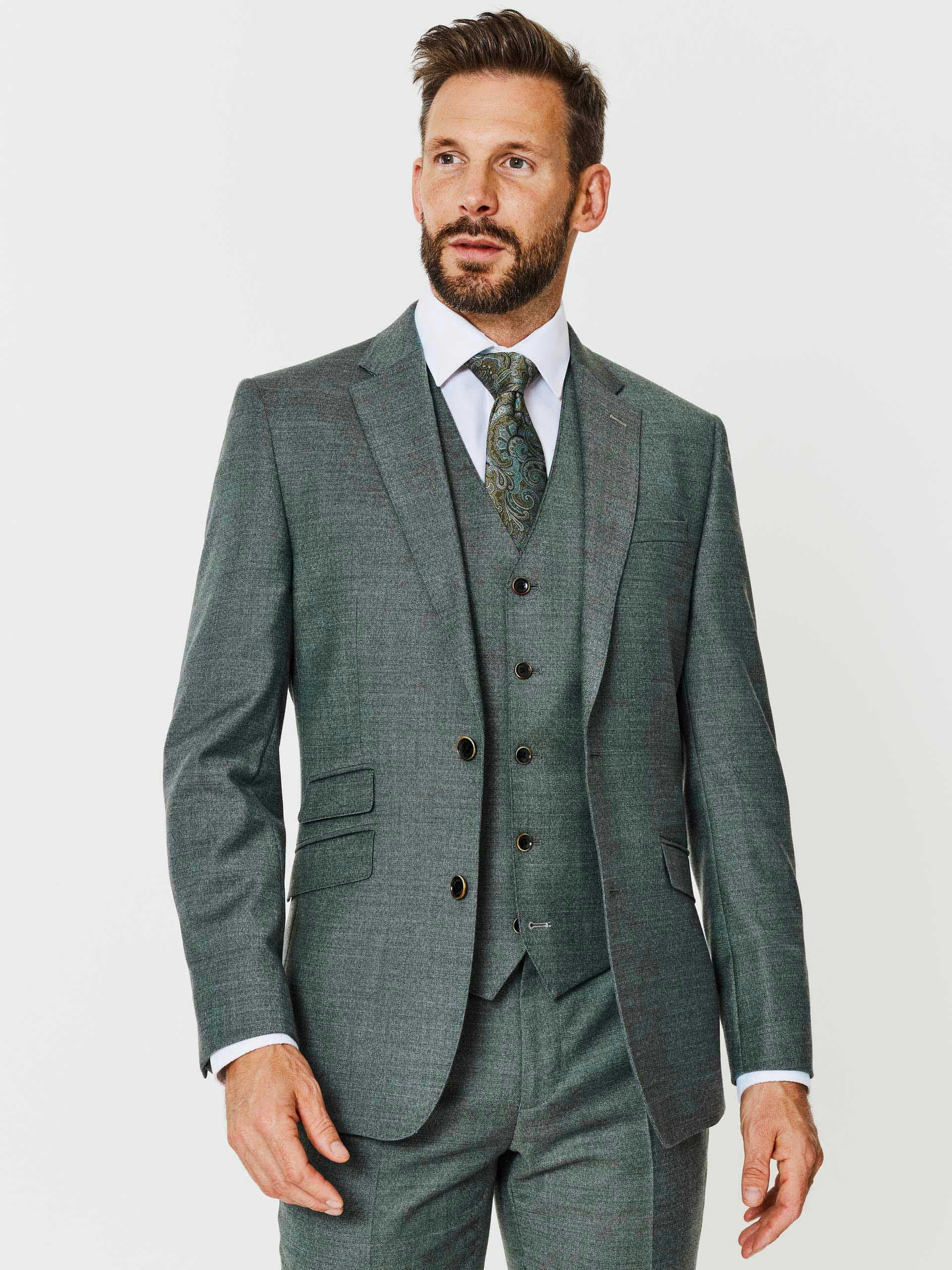 Herbie Frogg Mens Slim Fit Sage Green Plain Three Piece Suit 50 S