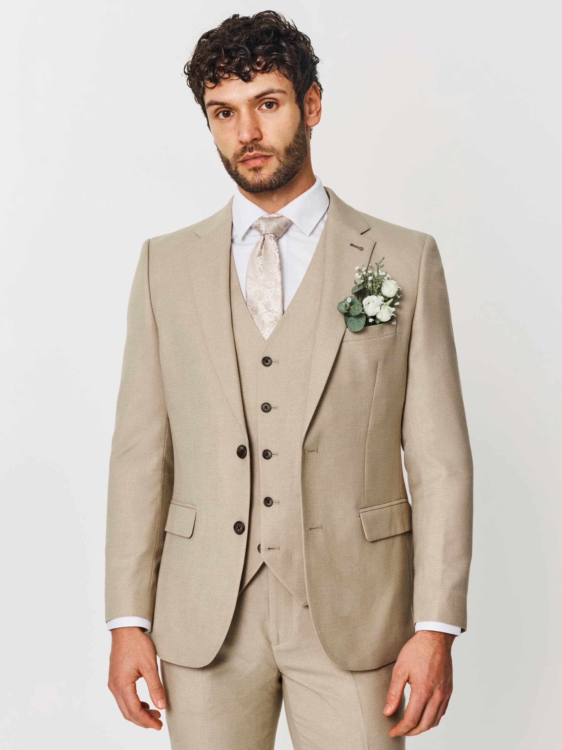 Sawyers & Hendricks Mens Tailored Fit Beige Three Piece Wedding Suit 58 R