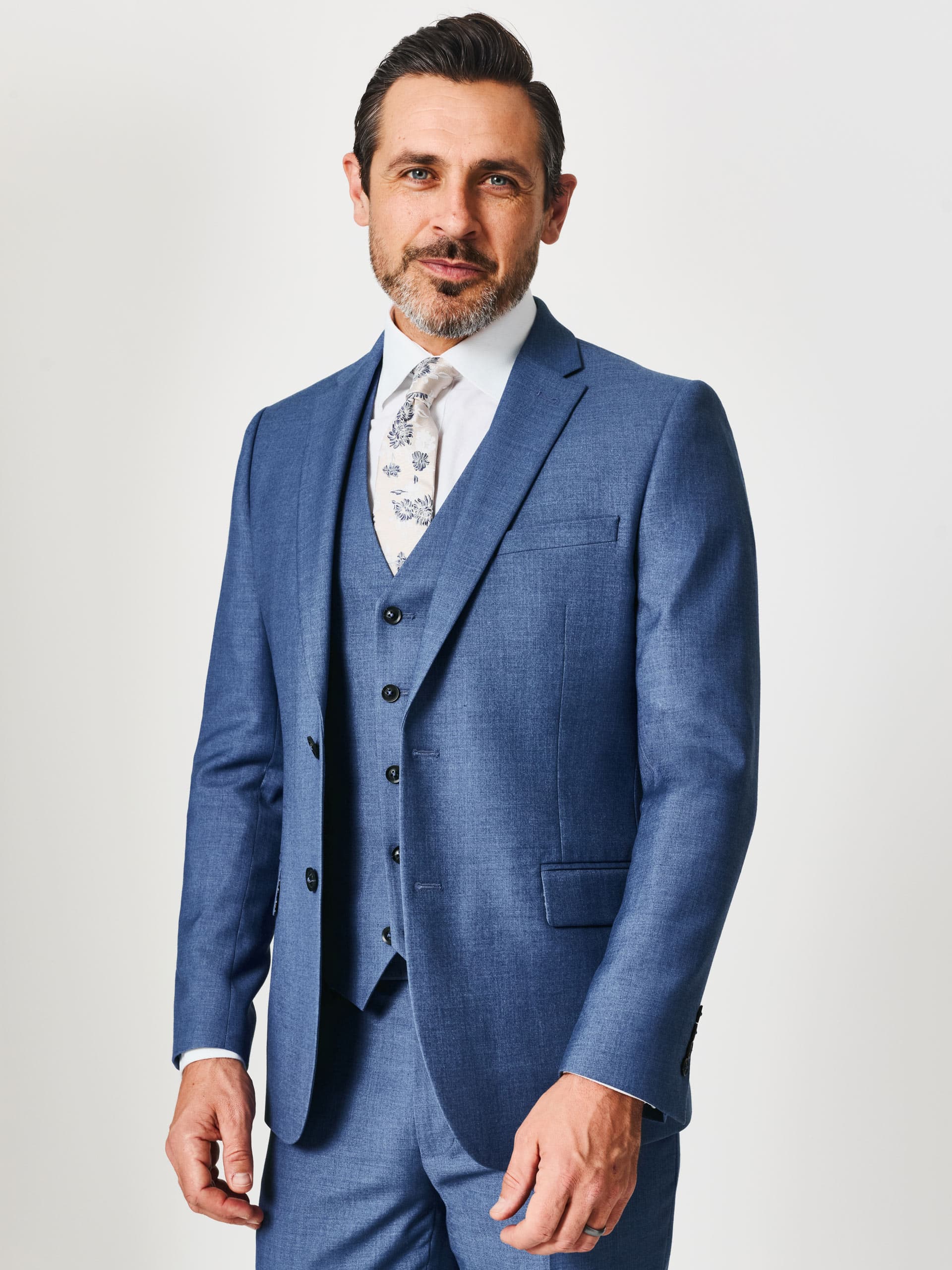 OneSix5ive Mens Slim Fit Light Blue Plain Three Piece Suit 50 R