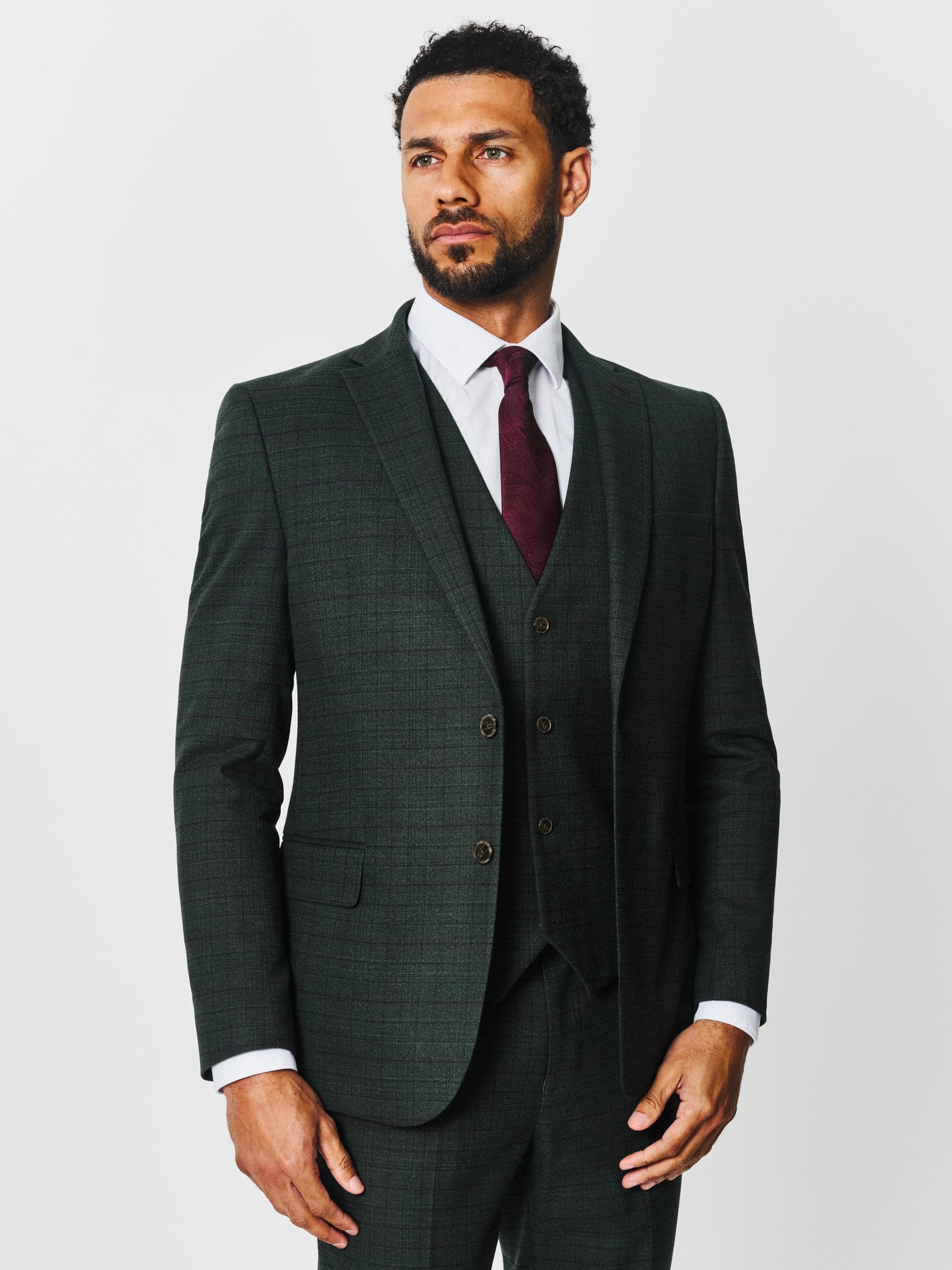 OneSix5ive Mens Slim Fit Green Check Three Piece Suit 36 S