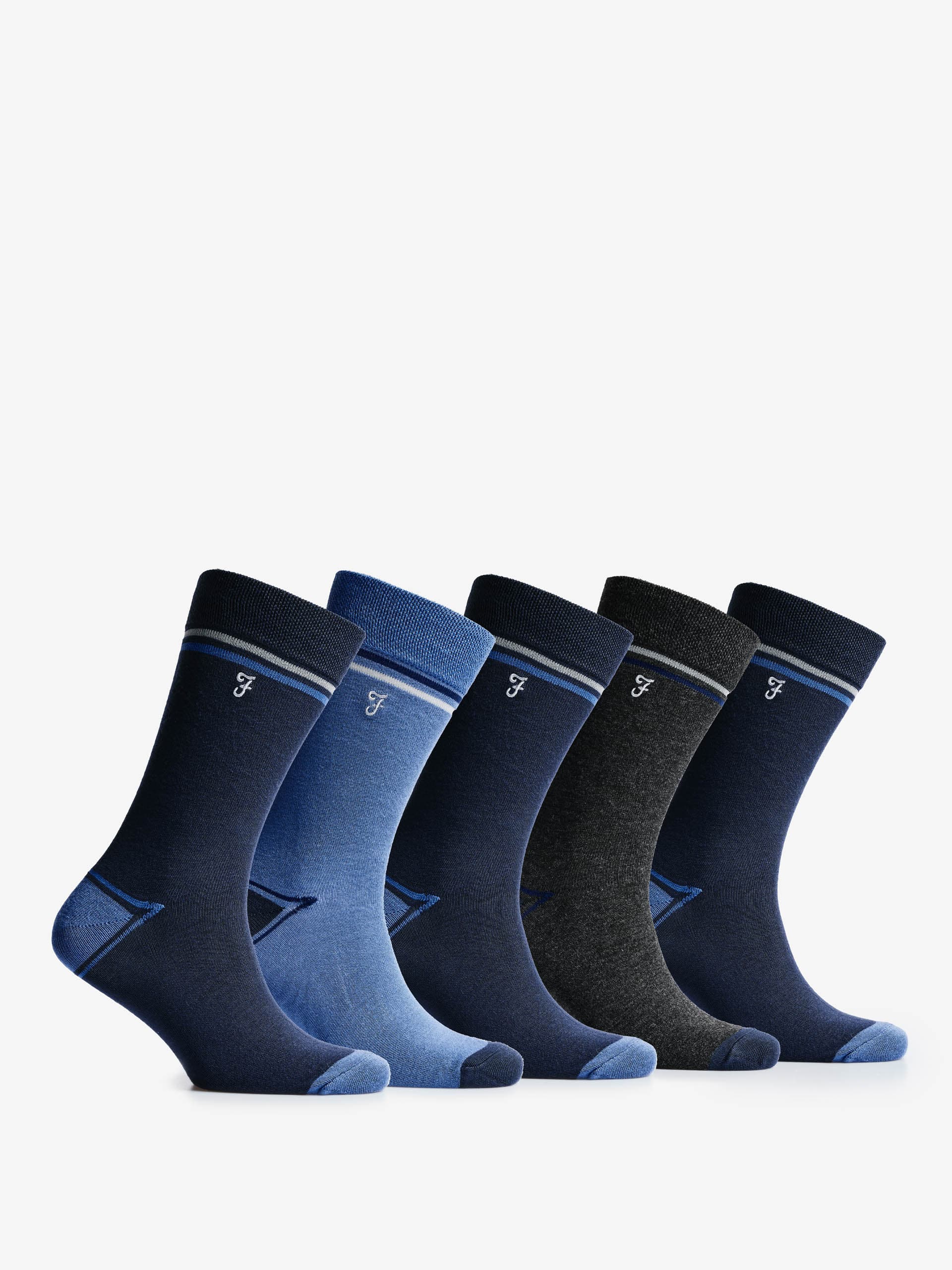 Farah Silver Mens Five Pack of Navy & Blue Stripe Bamboo Socks ONE SIZE