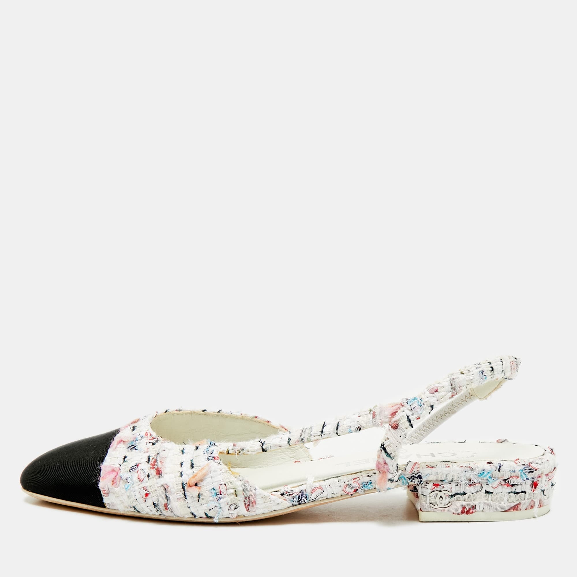 Chanel CC Size 39 Multicolor Canvas and Tweed Slingback Flats