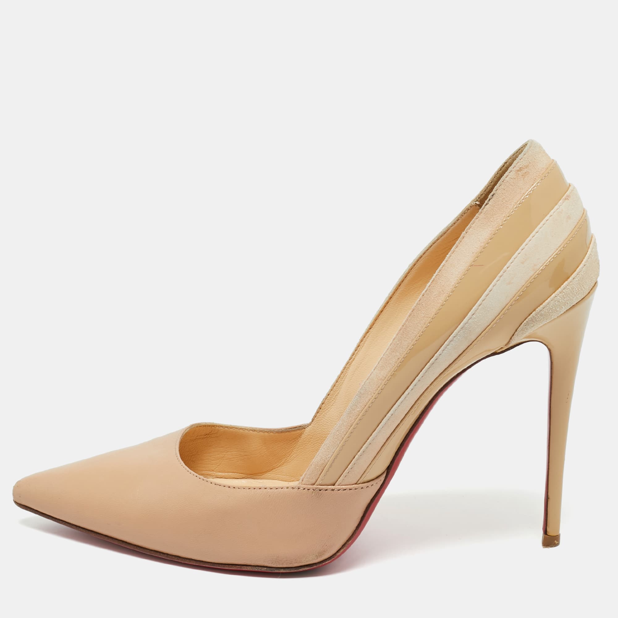 Christian Louboutin Beige Leather And Suede Pointed Toe Pumps Size 38.5