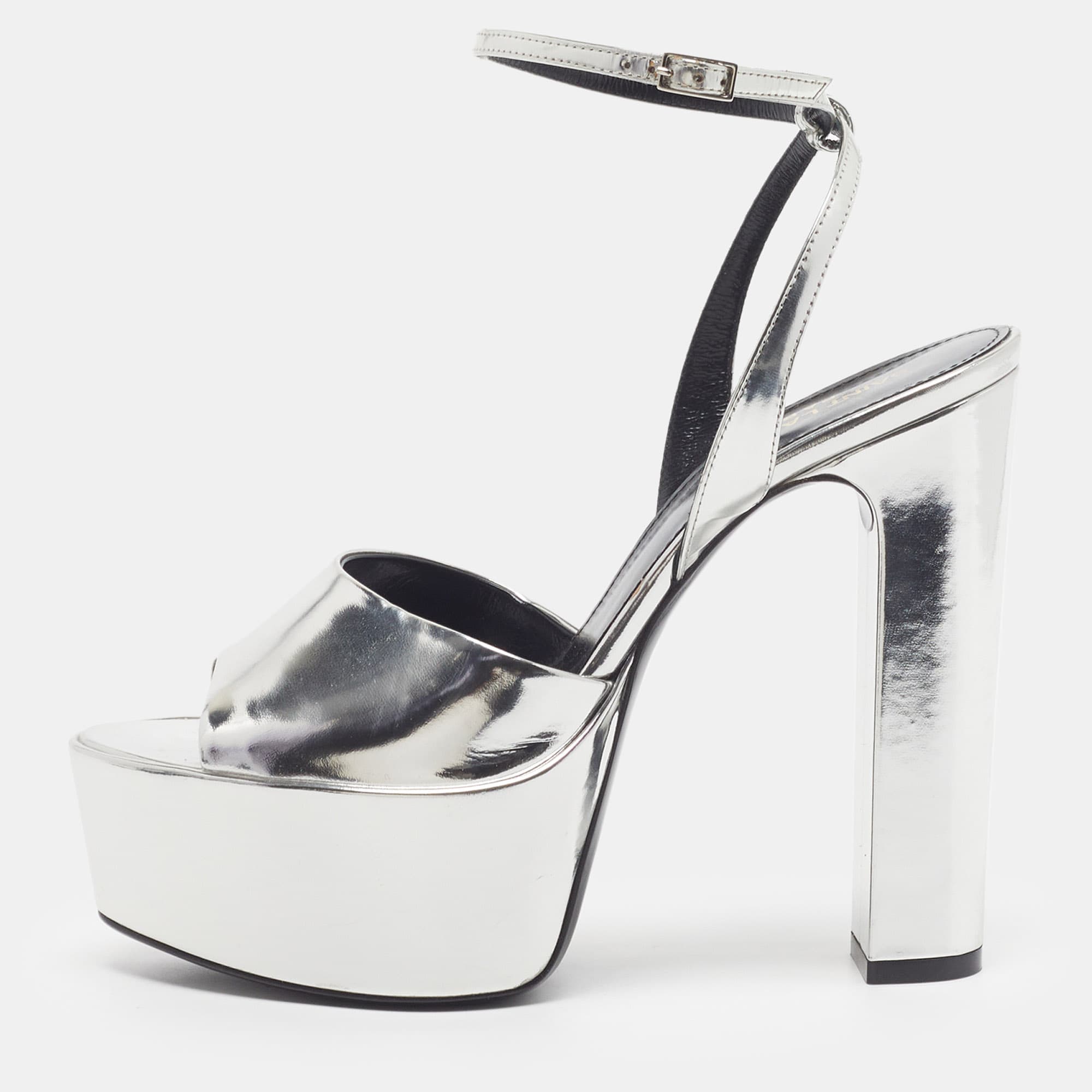 Saint Laurent Size 38 Silver Leather Platform Ankle Strap Sandals