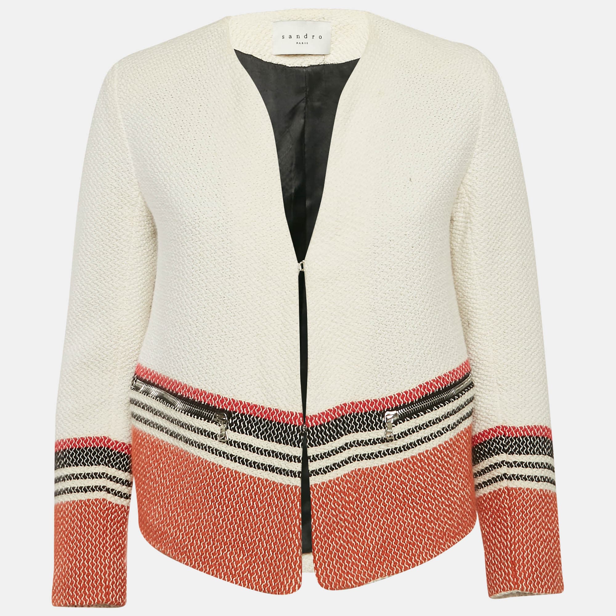 Sandro White Tweed Striped Hook Front Jacket M