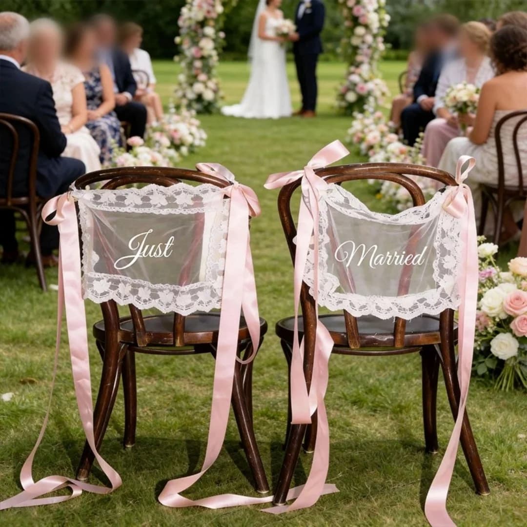 2pcs Wedding Chair Back Lace Decoration Just Married Signage Ribbon for Bride & Groom Wedding Chairs Banners Sheer Lace Signs