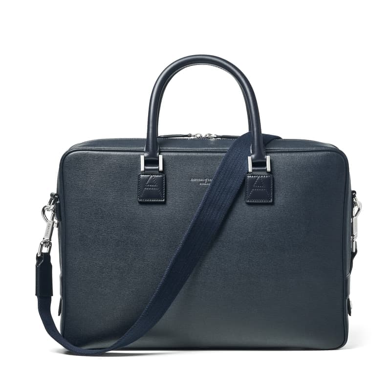Aspinal of London Mount Street Laptop Briefcase Bag in Navy Saffiano