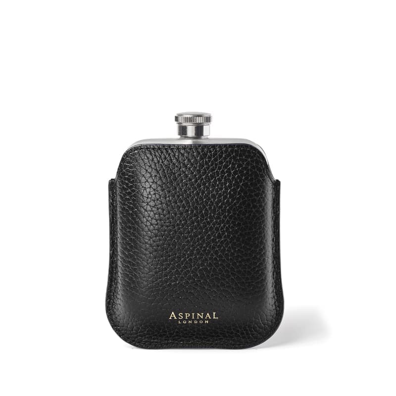 Aspinal of London 5oz Hip Flask with Leather Pouch in Black Pebble
