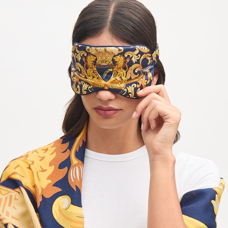 Aspinal of London Silk Eye Mask Set in Navy Signature Shield Pure Silk