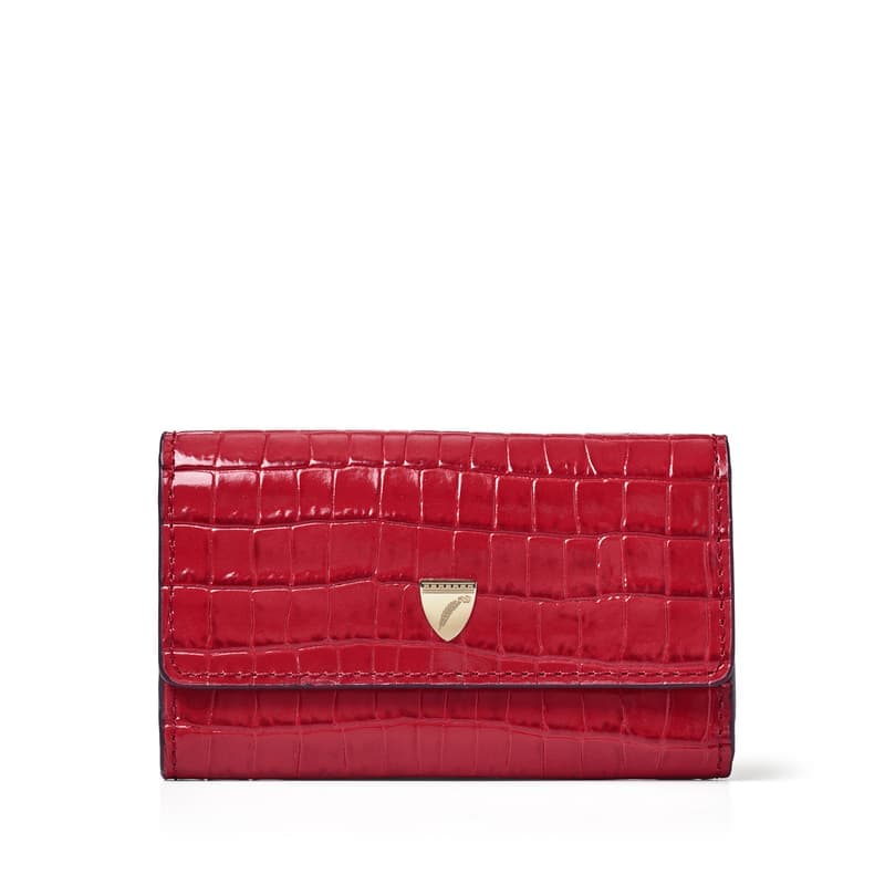 Aspinal of London Business Card Holder in Deep Shine Cherry Red Small Croc