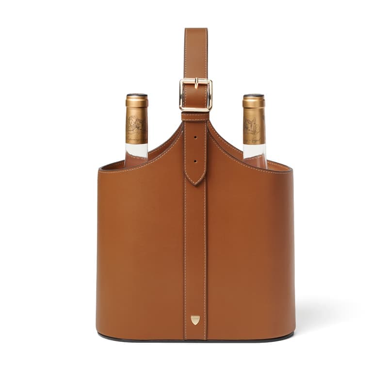 Aspinal of London Deluxe Leather Duo Wine Bottle Carrier in Smooth Tan