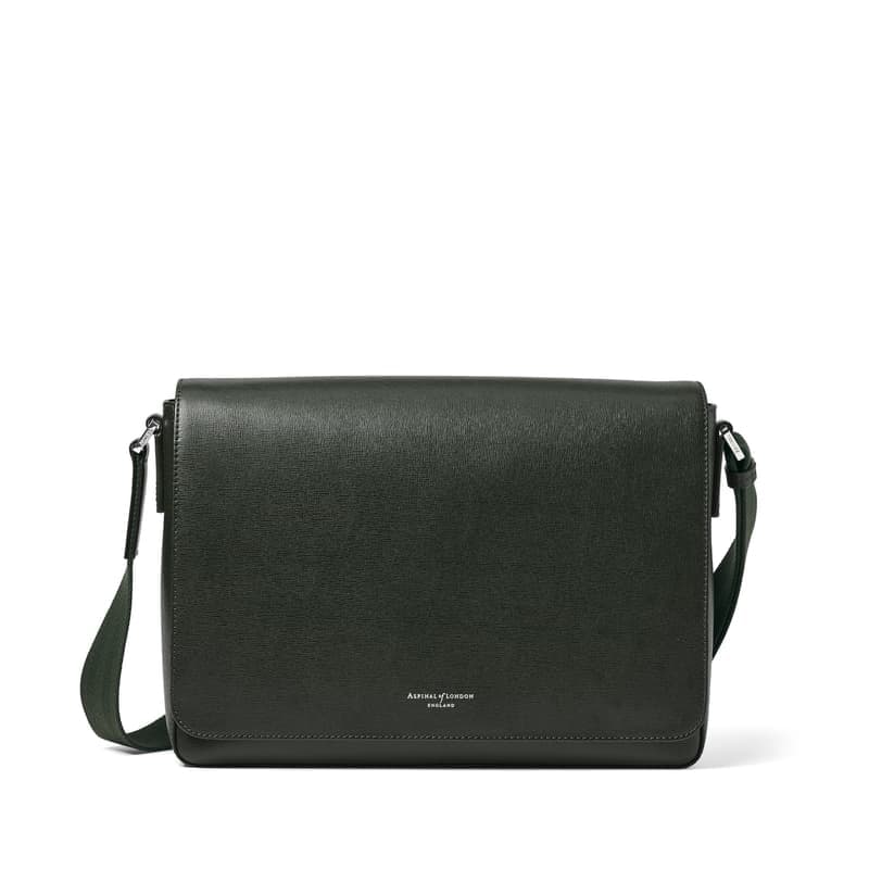 Aspinal of London Reporter Messenger in Forest Green Saffiano