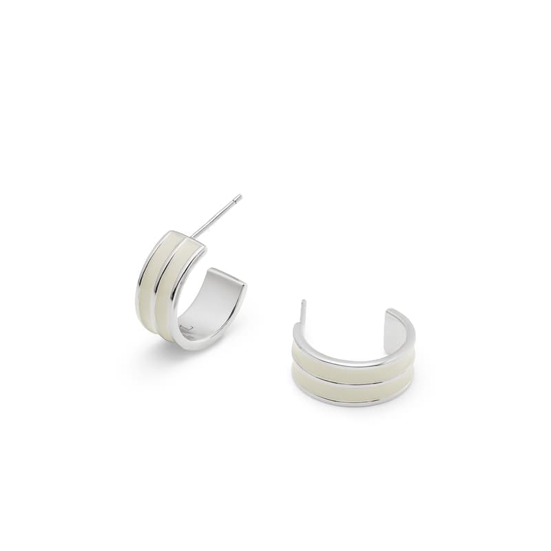 Aspinal of London Ribbed Enamel Hoop Earring in Ivory Enamel & Palladium Silver Plated