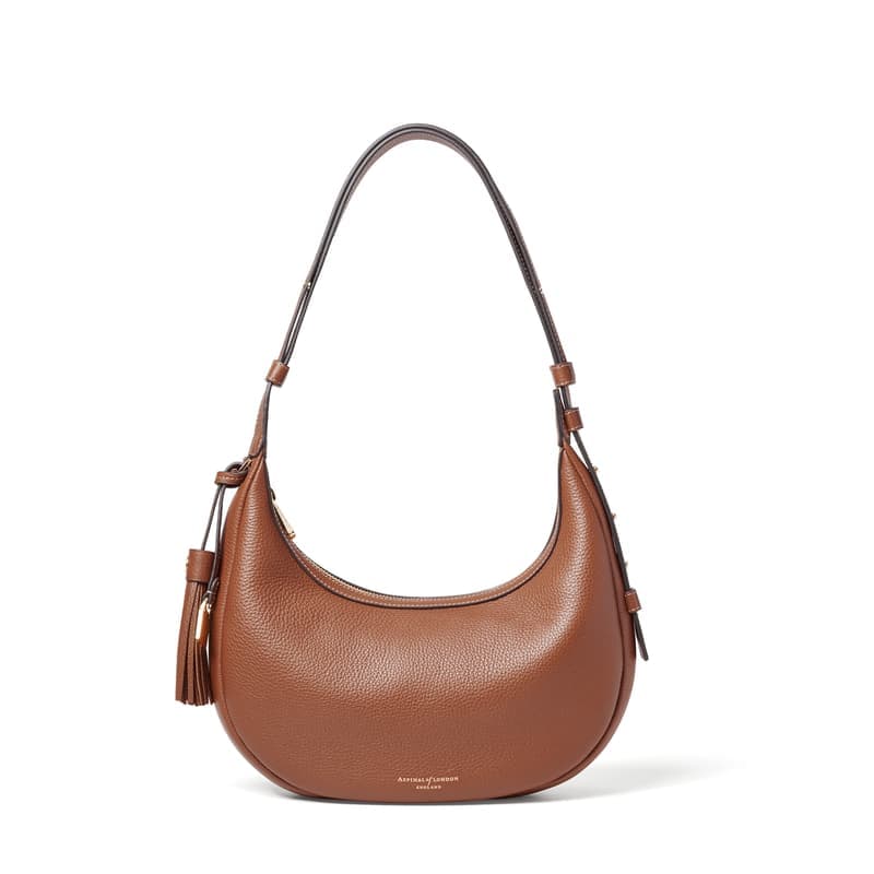 Aspinal of London Soho Small Crescent in Tan Milled Pebble