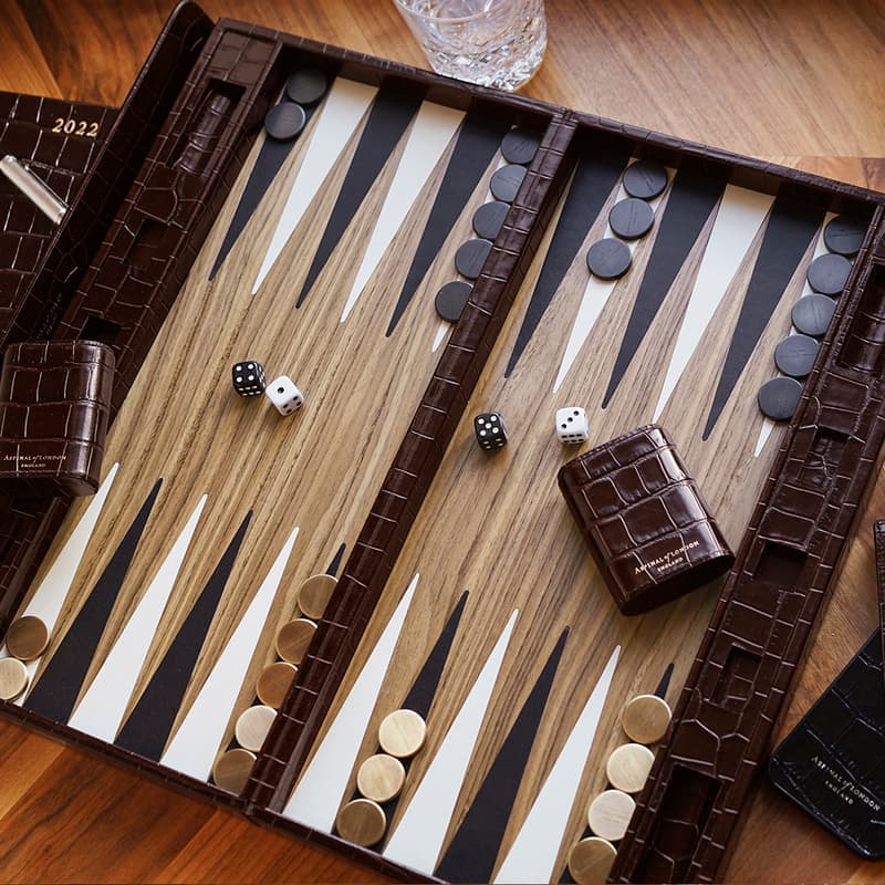 Aspinal of London 17-inch Backgammon Set in Amazon Brown Croc