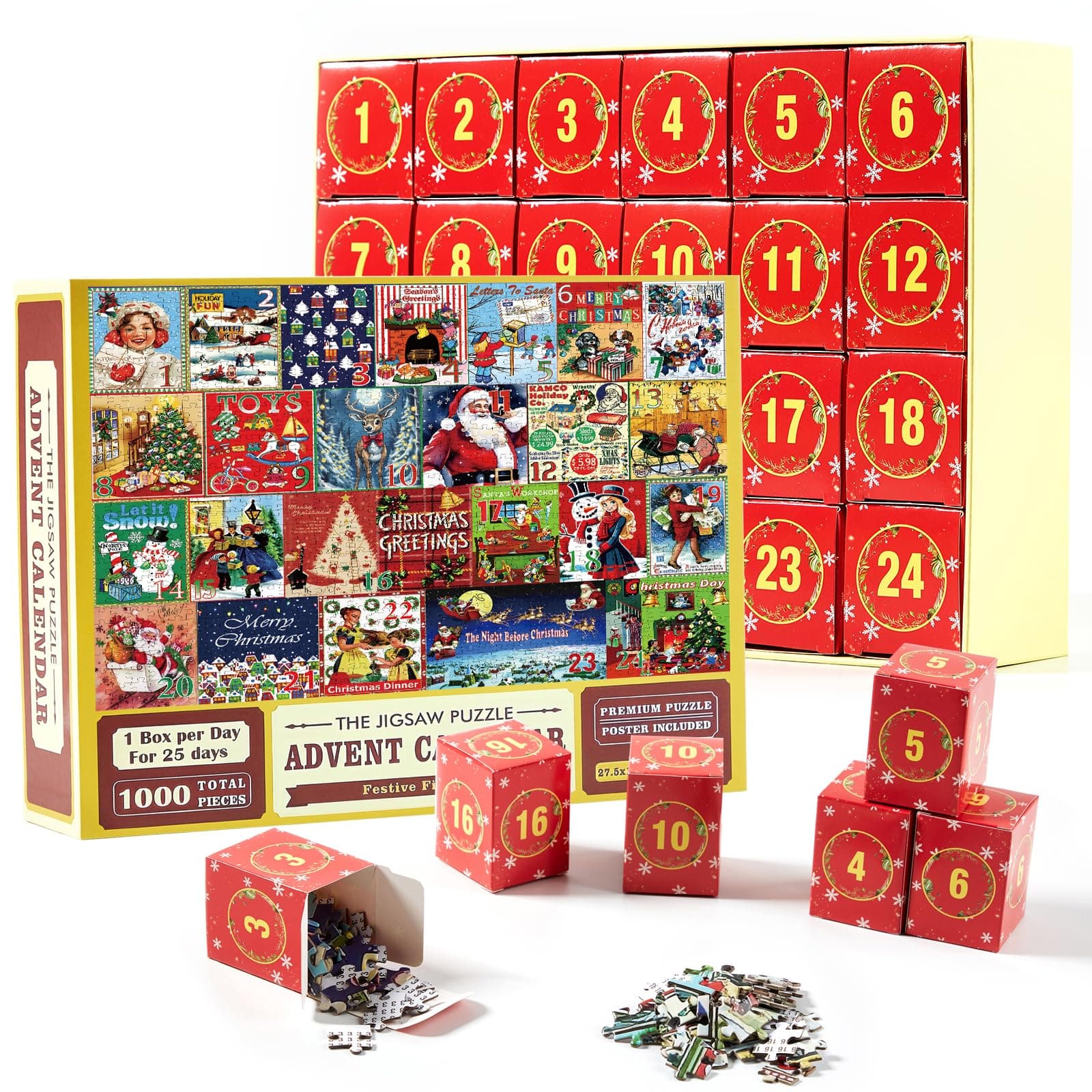 Christmas Advent Puzzle Calendar 2024, 1000 Pcs Jigsaw, 24-Day Xmas Countdown Gift for Adults & Kids (Red)