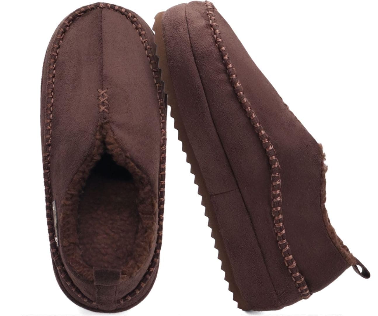 Men's Moccasin Slippers with Memory Foam, Suede, Sherpa Lining & Arch Support, Dark Brown Size 9