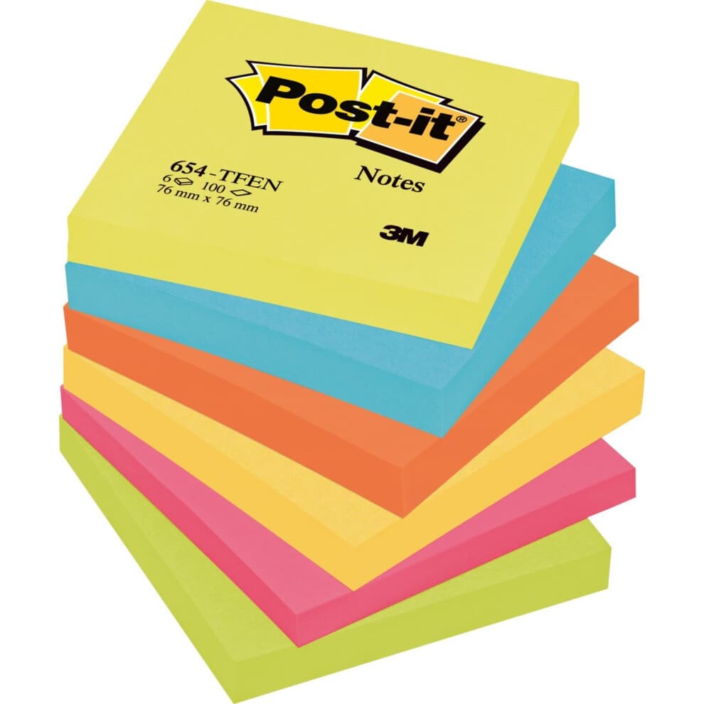 Post-it 3M 654-TFEN Notes, 76 x 76 mm - Energetic Colours, 6 Pads (100 Sheets Per Pad)